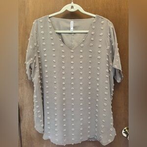 Women’s Zenana 1x Top V-neck short sleeve Taupe textured polka dot shirt